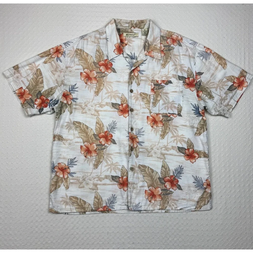 Summa Floral Tropical Aloha Loop Collar Button Front Shirt Mens XL Cream Tan
